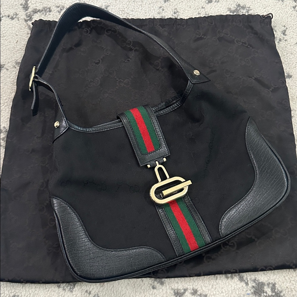 GUCCI Sherry Line GG Pattern Hand One Black Canvas Leather Gold Hardware